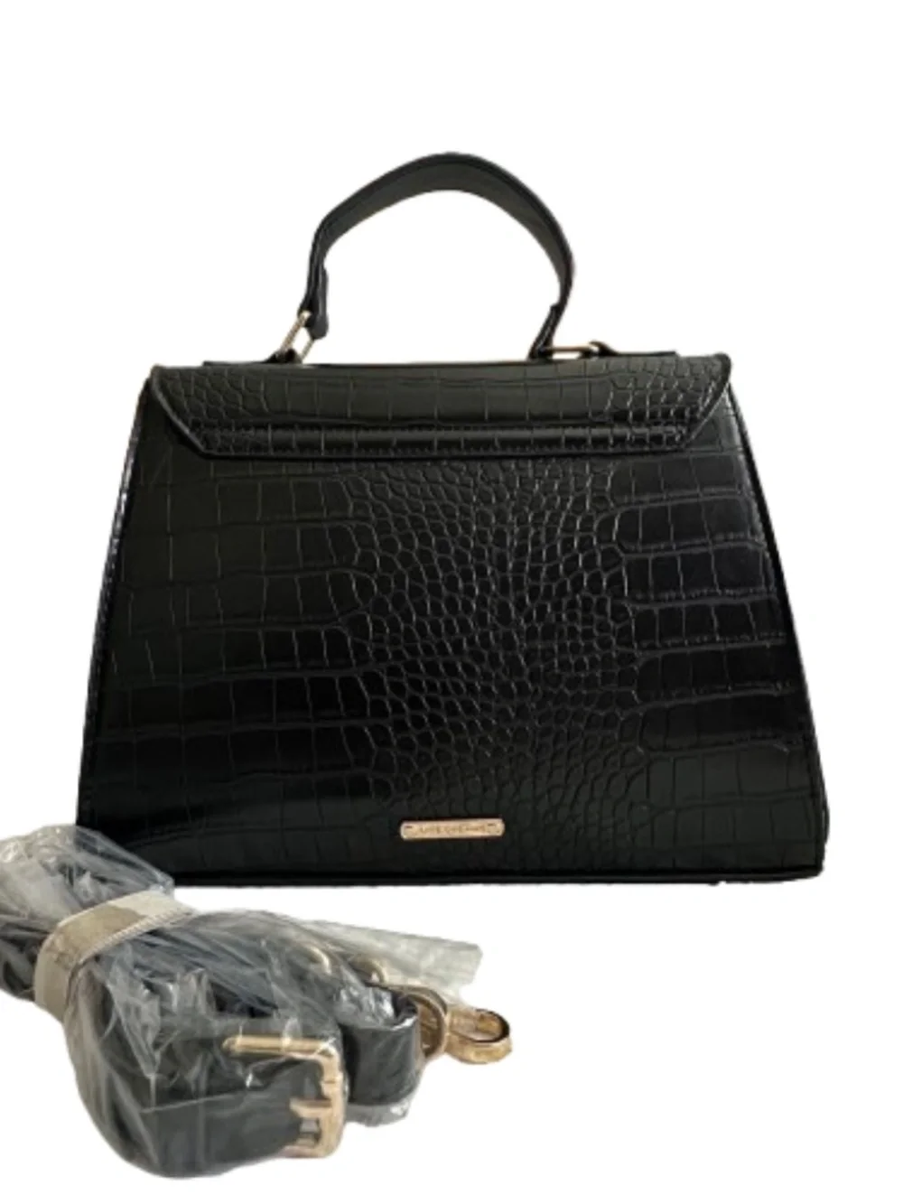 like dreams Small Black Croc-Embossed Top Handle Satchel with Gold Ring & Strap
